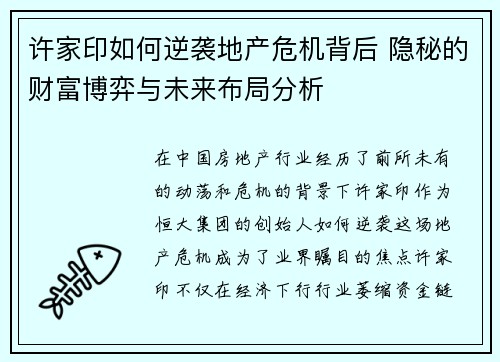 许家印如何逆袭地产危机背后 隐秘的财富博弈与未来布局分析