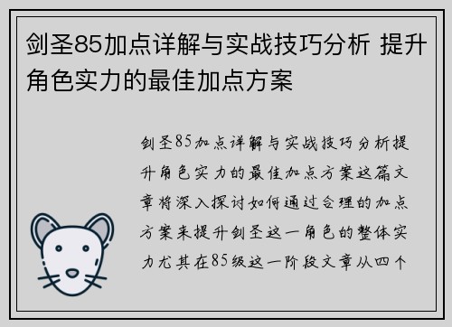 剑圣85加点详解与实战技巧分析 提升角色实力的最佳加点方案
